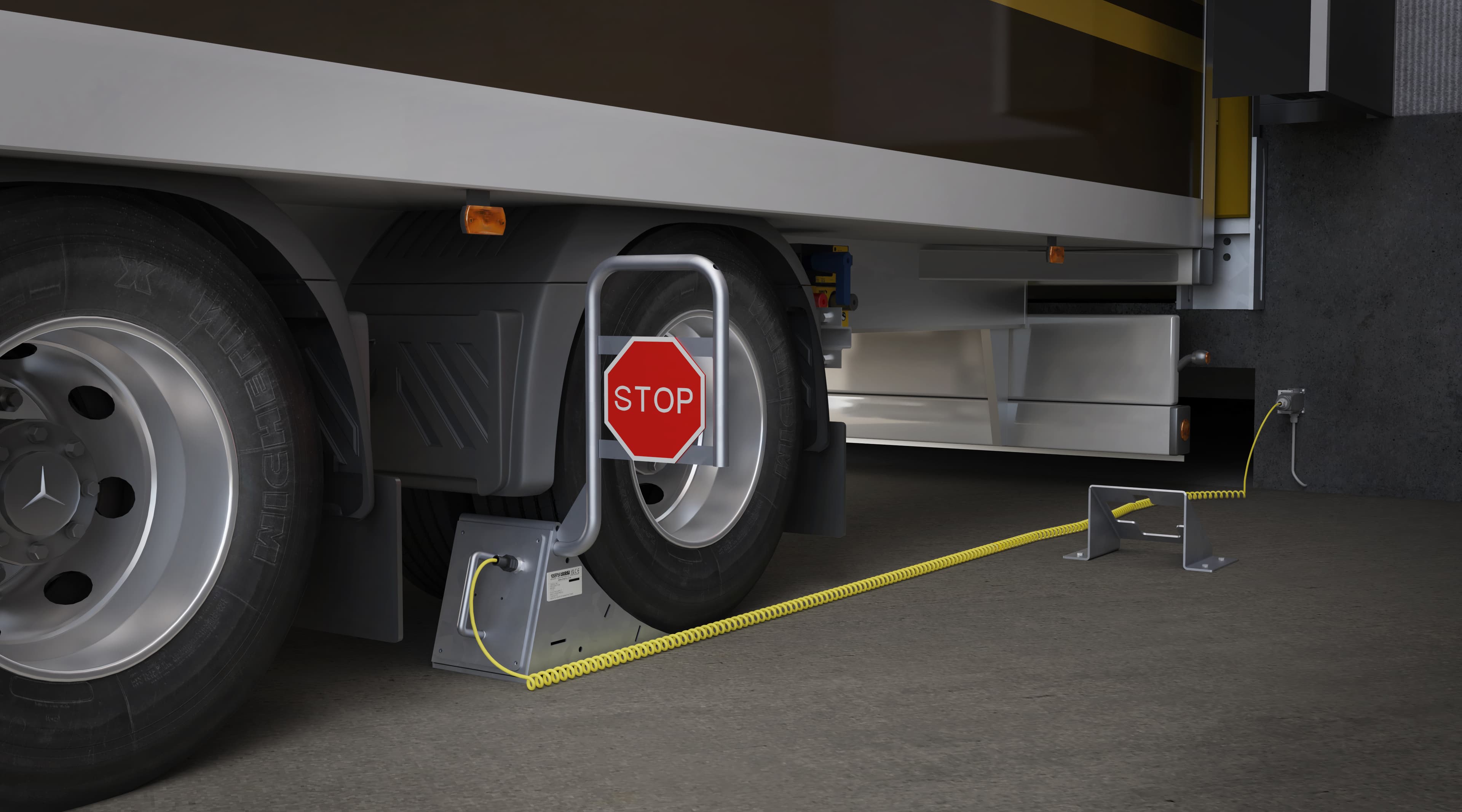 Stertil Dock Products Wheelchok system with stop sign, and stow-away holder